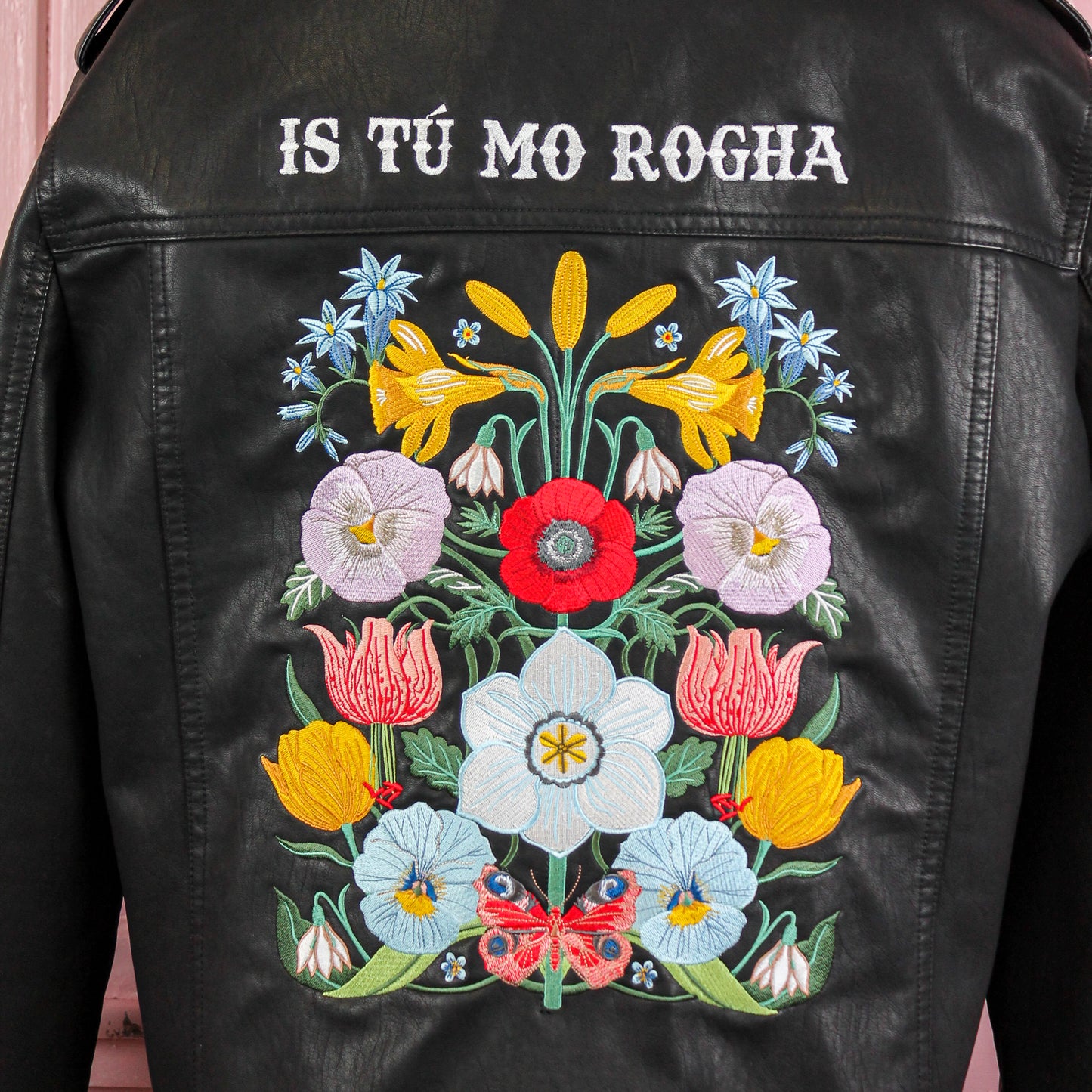 Floral design leather biker jacket, ideal for bridal attire