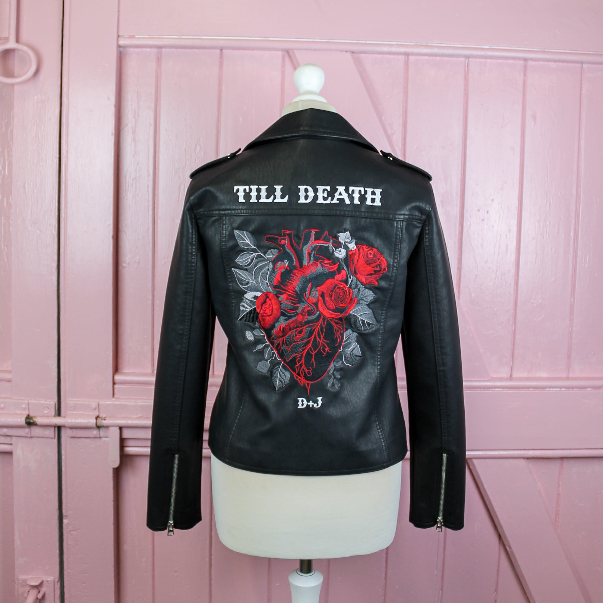 Custom bridal leather jacket with a gothic bride desig