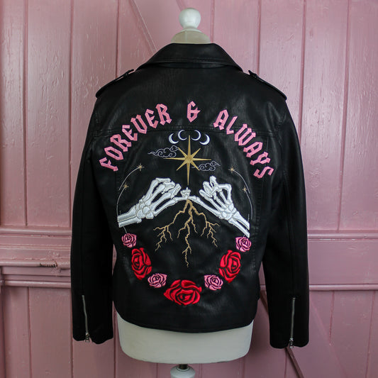 Custom black bride leather jacket with intricate embroidery