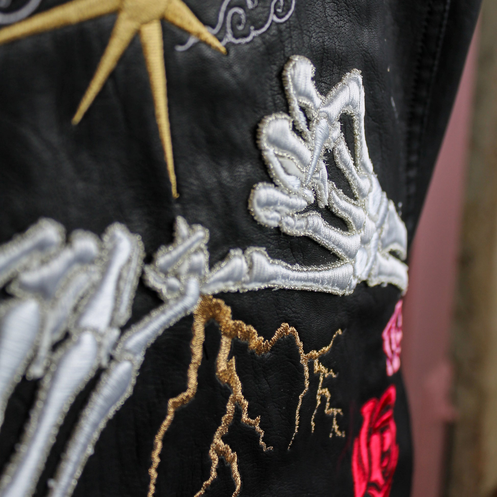 Floral celestial-themed leather jacket for the bride-to-be
