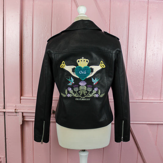 Black custom embroidered leather jacket, ideal for biker enthusiasts