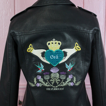 Chic bridal cover-up: custom embroidered leather jacket in classic black