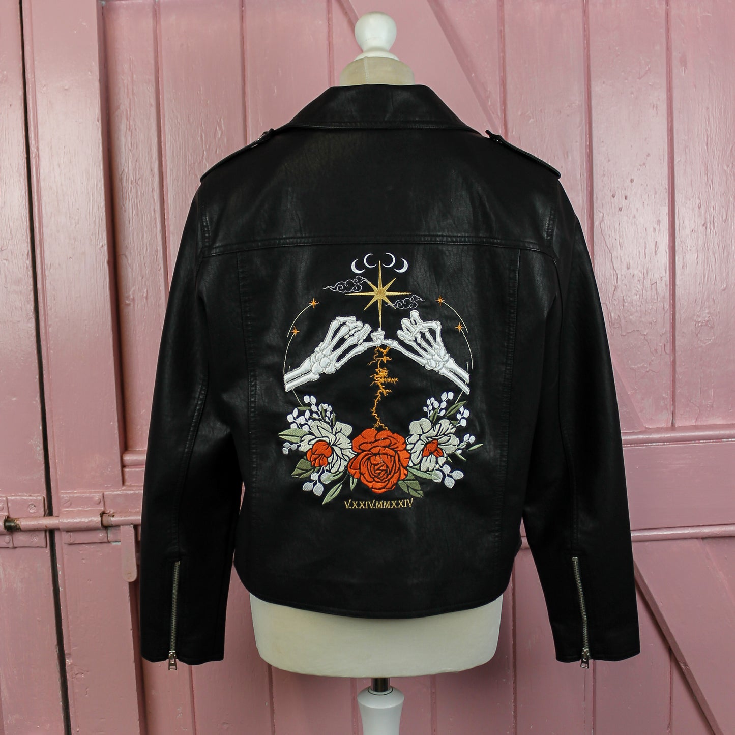 Custom black leather wedding jacket with celestial theme