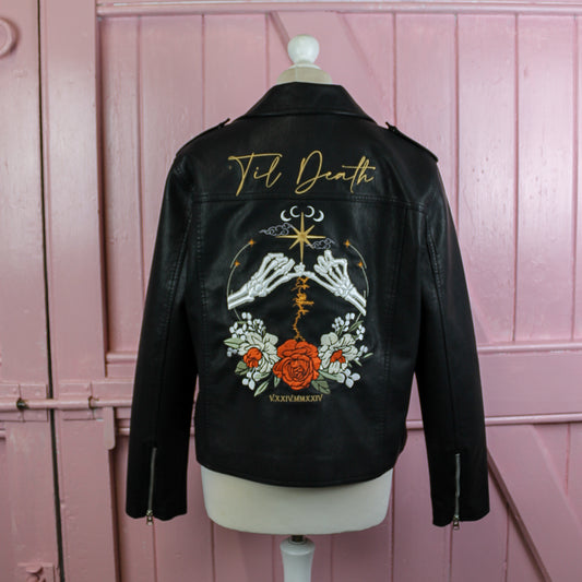 Till Death custom embroidered leather jacket for brides
