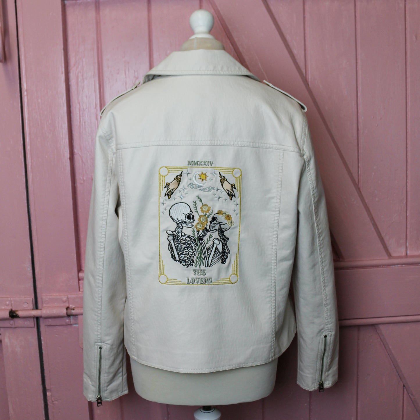 Custom bride jacket with intricate Skeleton Couple motif, perfect for weddings