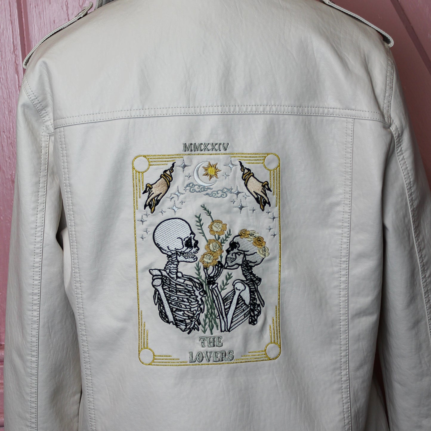Cream leather bridal cover-up adorned with The Lovers Tarot Card, a unique addition to your wedding ensemble