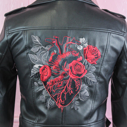 Edgy black leather wedding jacket for brides with personalized embroidery – a custom and stylish bridal cover-up for a bold and contemporary wedding look