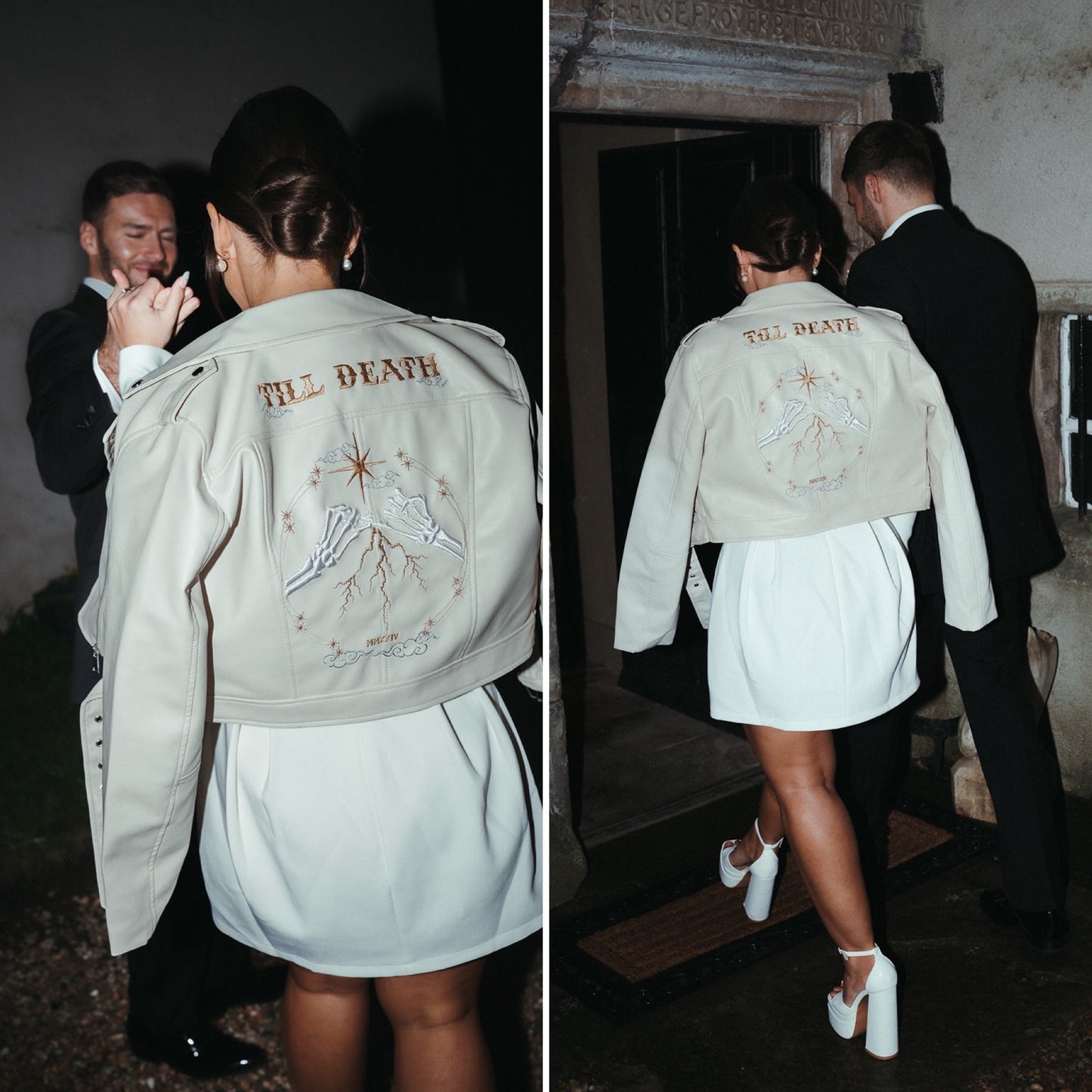 Custom bride leather jacket in ivory with Zodiac embroidery and Skeleton Couple Pinky Promise Bridal Cover Up