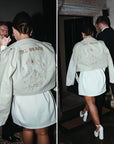 Custom bride leather jacket in ivory with Zodiac embroidery and Skeleton Couple Pinky Promise Bridal Cover Up