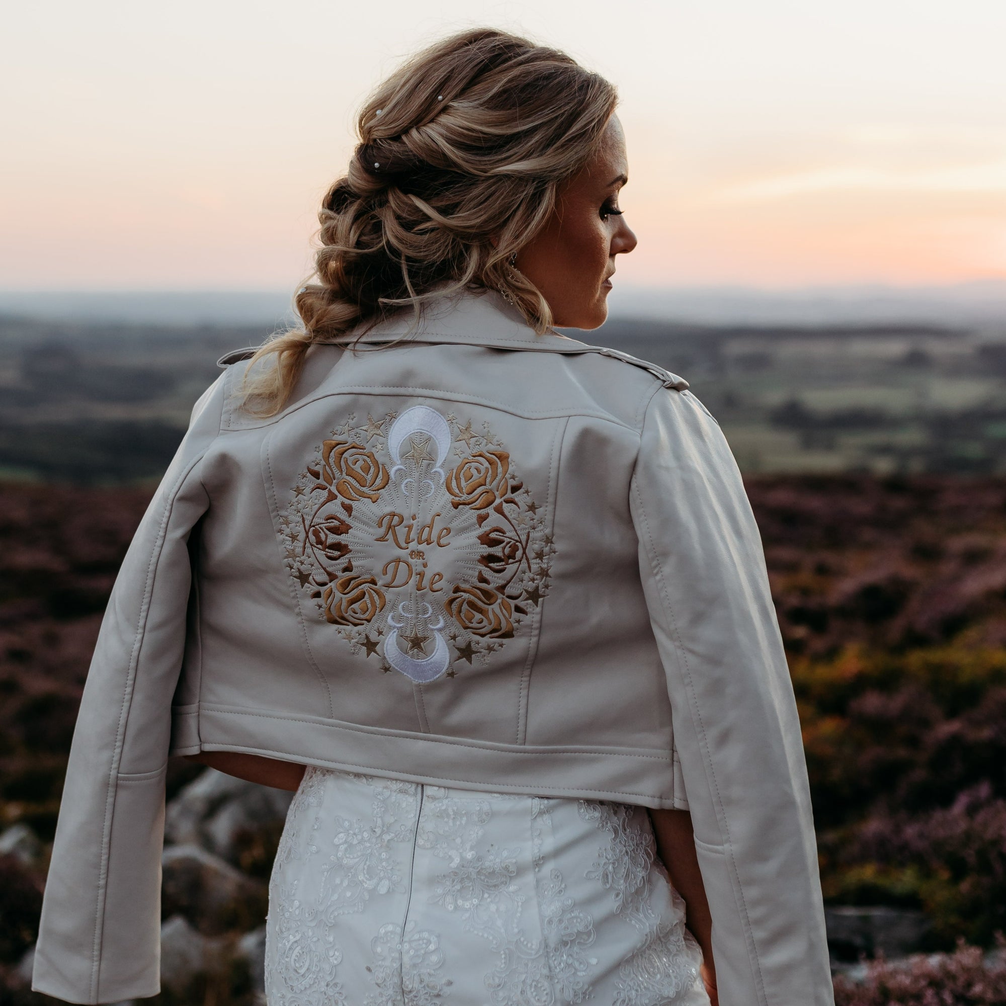 Ride or Die Bridal Cover Up: Make a bold statement on your wedding day with this ivory embroidered jacket, the perfect &#39;Ride or Die&#39; accessory for a touch of edgy elegance