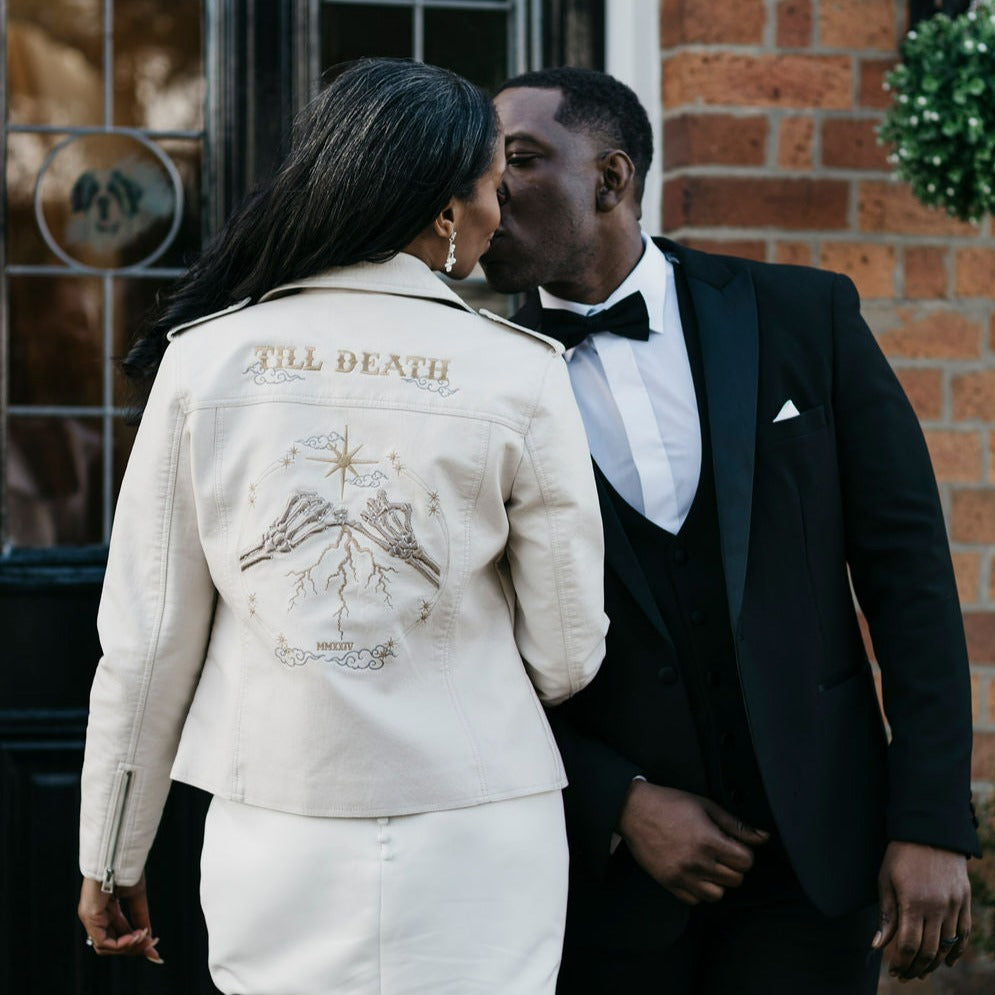 Unique Ivory Leather Bride Jacket - Skeleton Couple Til Death Do Us Part Theme - Gothic Wedding Attire