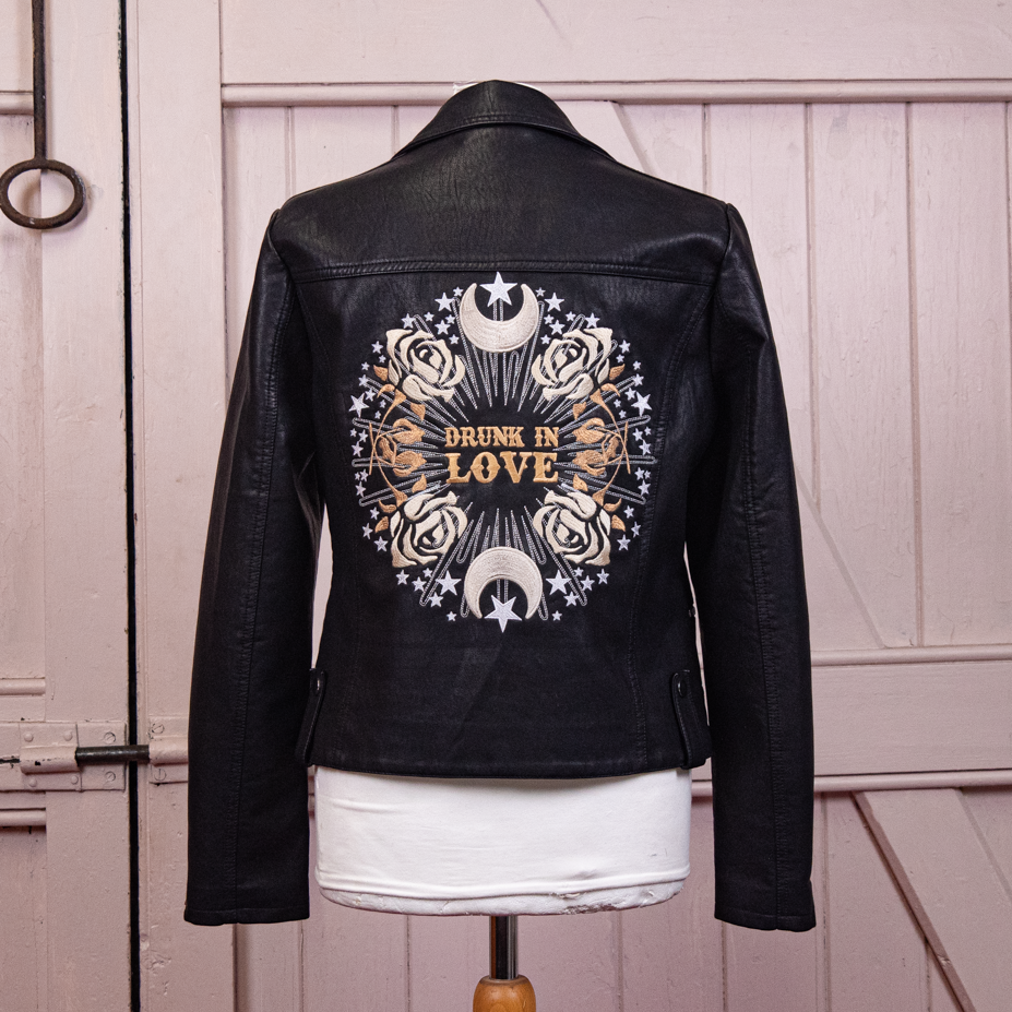 Drunk in Love Black Leather Bridal Jacket – a stylish cover-up for the bride with a touch of romance