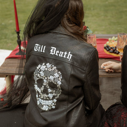 Floral Skull Till Death Bride Black Leather Bridal Jacket – a stylish and edgy cover-up for the modern and unconventional bride