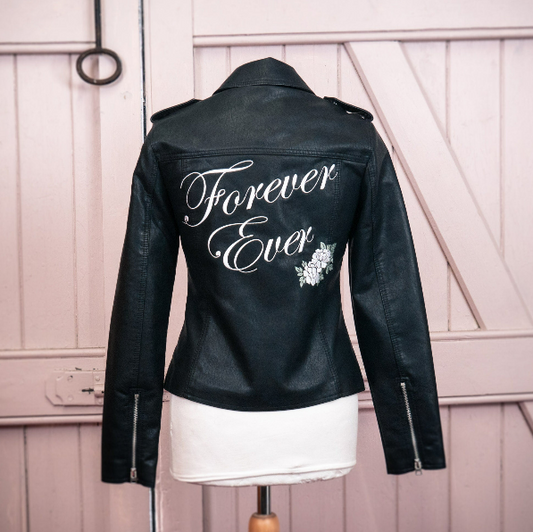 Motto Black Leather Bridal Jacket – a sleek and stylish cover-up, perfect for a modern and fashion-forward wedding ensemble