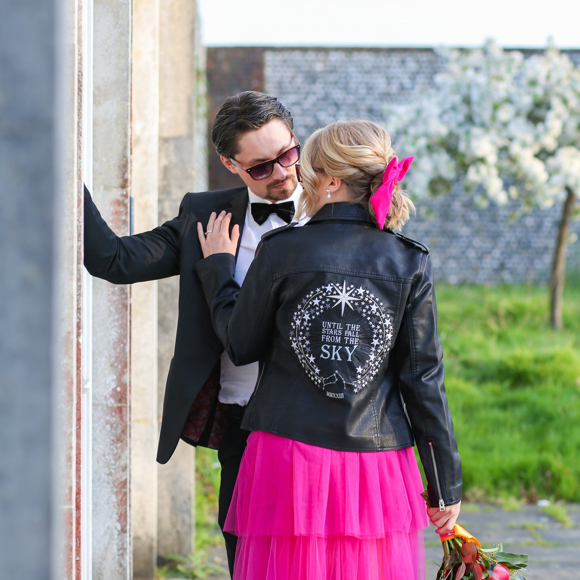 Until the Stars Fall Black Leather Bridal Jacket – a celestial-inspired cover-up for a magical wedding look