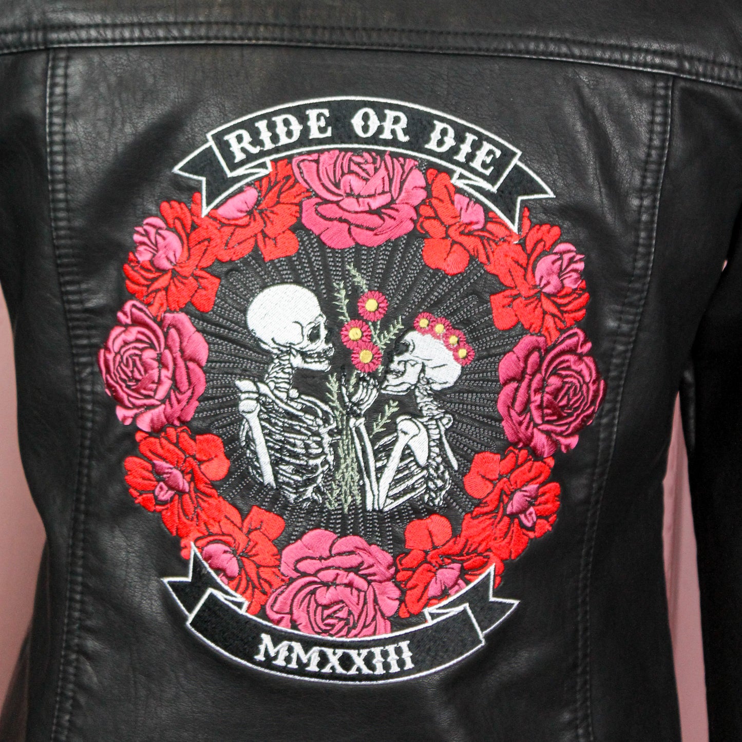 Elegant Ride Or Die Floral Skeleton Couple Black Leather Bridal Jacket – a timeless and daring cover-up for the modern and bold bride