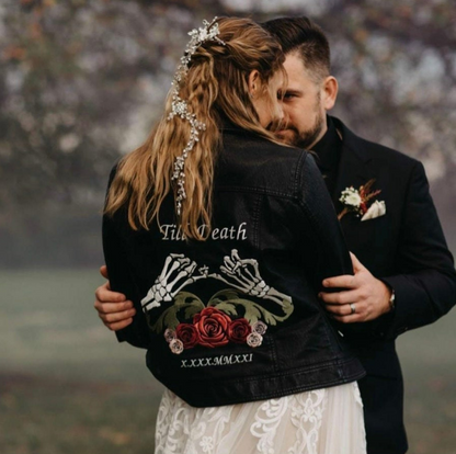 Custom Embroidered Black Bride Leather Jacket with Skeleton Pinky Promise Detail - Perfect Bridal Cover Up