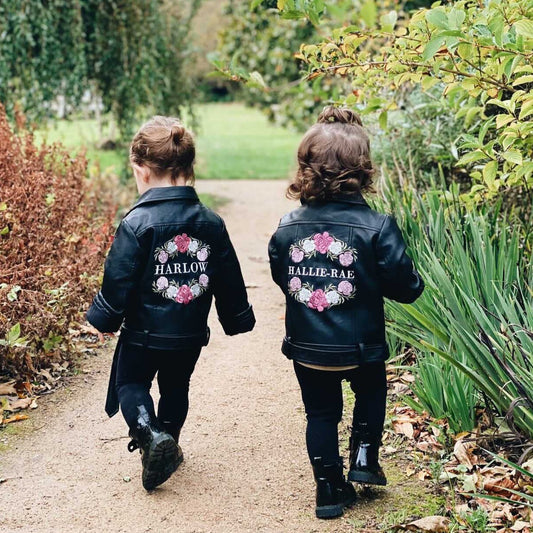 Custom Floral Name Kids Jacket: Elevate your flower girl's style with this personalized, embroidered jacket featuring floral details—a charming and thoughtful wedding gift tailored just for her