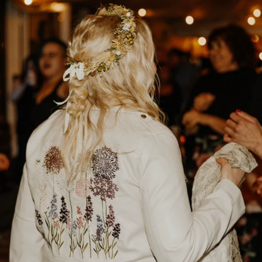 Wildflowers Bridal Cover Up: Add a touch of natural beauty to your wedding ensemble with this ecru embroidered jacket, adorned with delicate wildflowers for a whimsical and romantic feel