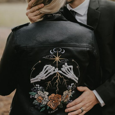 Unique Black Bride Leather Jacket featuring a Skeleton Pinky Promise design – Ideal as a Custom Bride Jacket for a Gothic Wedding Bridal Cover Up