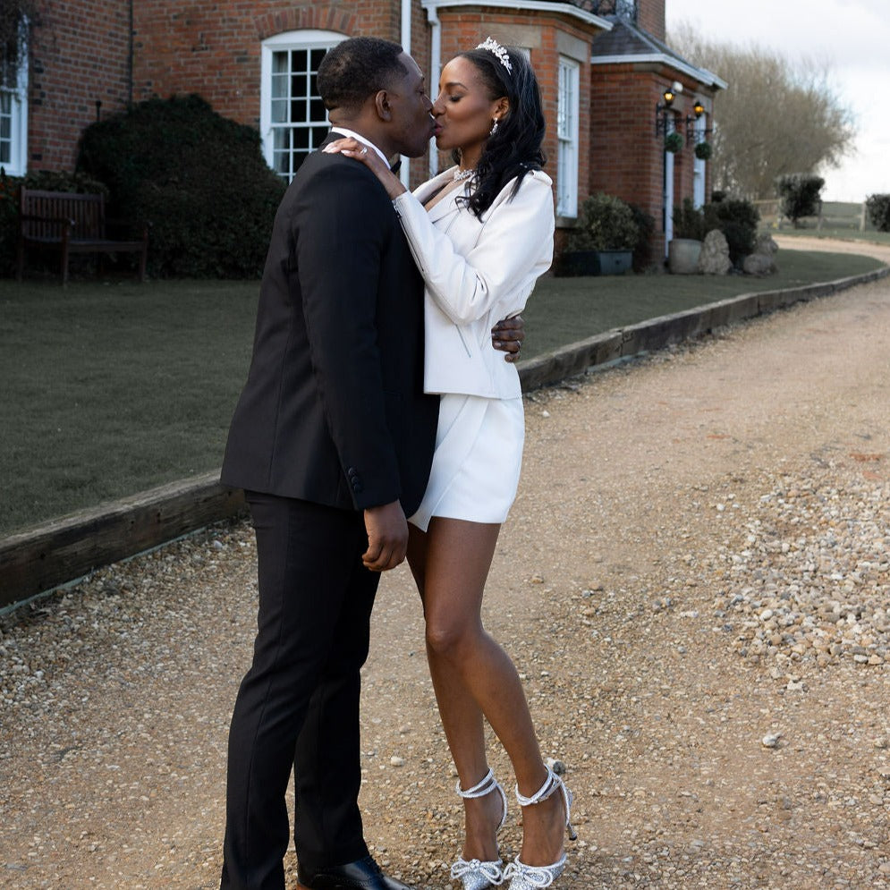 Ivory biker bridal jacket with personalized touches