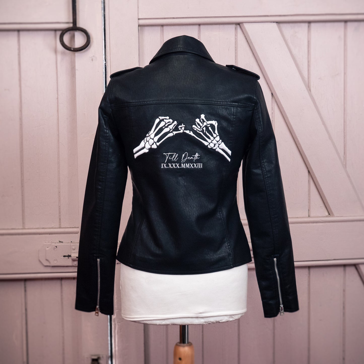 Till Death Pinky Promise Black Leather Bridal Jacket – a romantic and edgy cover-up for a unique wedding statement