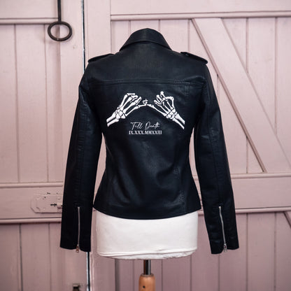 Elegant Skeleton Pinky Promise Black Leather Bridal Jacket – a timeless and daring cover-up for the modern and bold bride