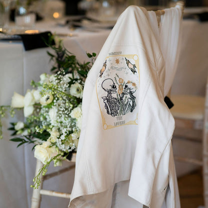 Custom bride jacket featuring a romantic Skeleton Couple design, ideal for weddings