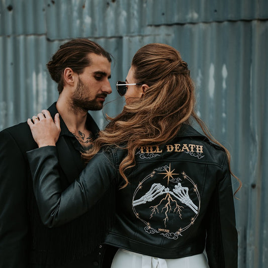 Gothic celestial bride leather jacket with Till Death embroidery – a custom and trendy bridal cover-up for brides looking to make a statement on their wedding day