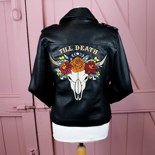 Texas Longhorn Black Leather Bridal Jacket – a bold and western-inspired cover-up for a Texas-themed wedding