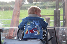 Load image into Gallery viewer, Personalised Boys Denim Jean Name Jacket - Tractors Trucks and Diggers Embroidered Jacket
