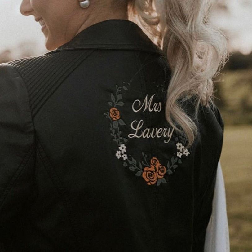 Bridal jacket with Small Floral Wreath and Mrs Surname charm – a perfect blend of floral elegance and personalization for your special day
