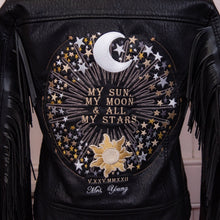 Load image into Gallery viewer, My Sun, My Moon &amp; All My Stars Bride Leather Jacket - Stunning Bridal Cover Up - Custom Bride Jacket - Zodiac Embroidery - Celestial Dress

