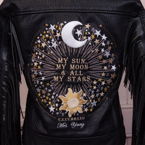 My Sun, My Moon & All My Stars Bride Leather Jacket - Stunning Bridal Cover Up - Custom Bride Jacket - Zodiac Embroidery - Celestial Dress