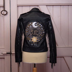 My Sun, My Moon & All My Stars Bride Leather Jacket - Stunning Bridal Cover Up - Custom Bride Jacket - Zodiac Embroidery - Celestial Dress