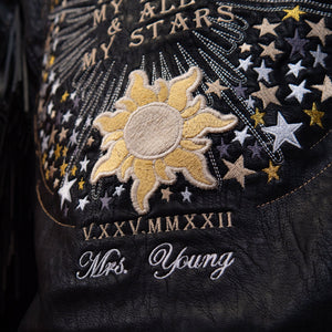 My Sun, My Moon & All My Stars Bride Leather Jacket - Stunning Bridal Cover Up - Custom Bride Jacket - Zodiac Embroidery - Celestial Dress