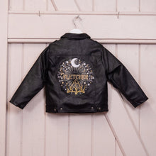Load image into Gallery viewer, Custom Embroidered Boy&#39;s Name Faux Vegan Pleather Biker Jacket - Moon and Stars Celestial Design

