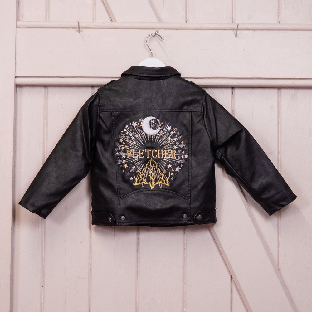 Custom Embroidered Boy's Name Faux Vegan Pleather Biker Jacket - Moon and Stars Celestial Design