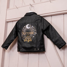 Load image into Gallery viewer, Custom Embroidered Boy&#39;s Name Faux Vegan Pleather Biker Jacket - Moon and Stars Celestial Design
