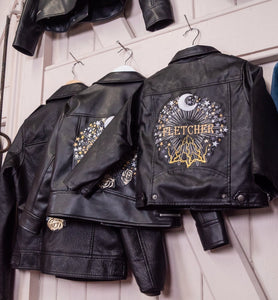 Custom Embroidered Boy's Name Faux Vegan Pleather Biker Jacket - Moon and Stars Celestial Design