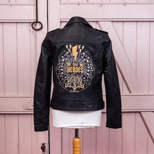 Embroidered vegan leather biker jacket featuring iconic David Bowie imagery – perfect for fans of Ziggy Stardust