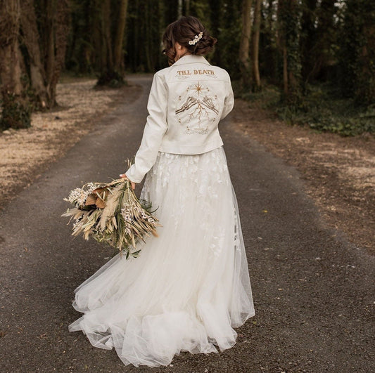 Ivory Celestial Till Death Bridal Cover Up: A stunning Ecru Embroidered Jacket, perfect for adding a touch of celestial elegance to your wedding ensemble