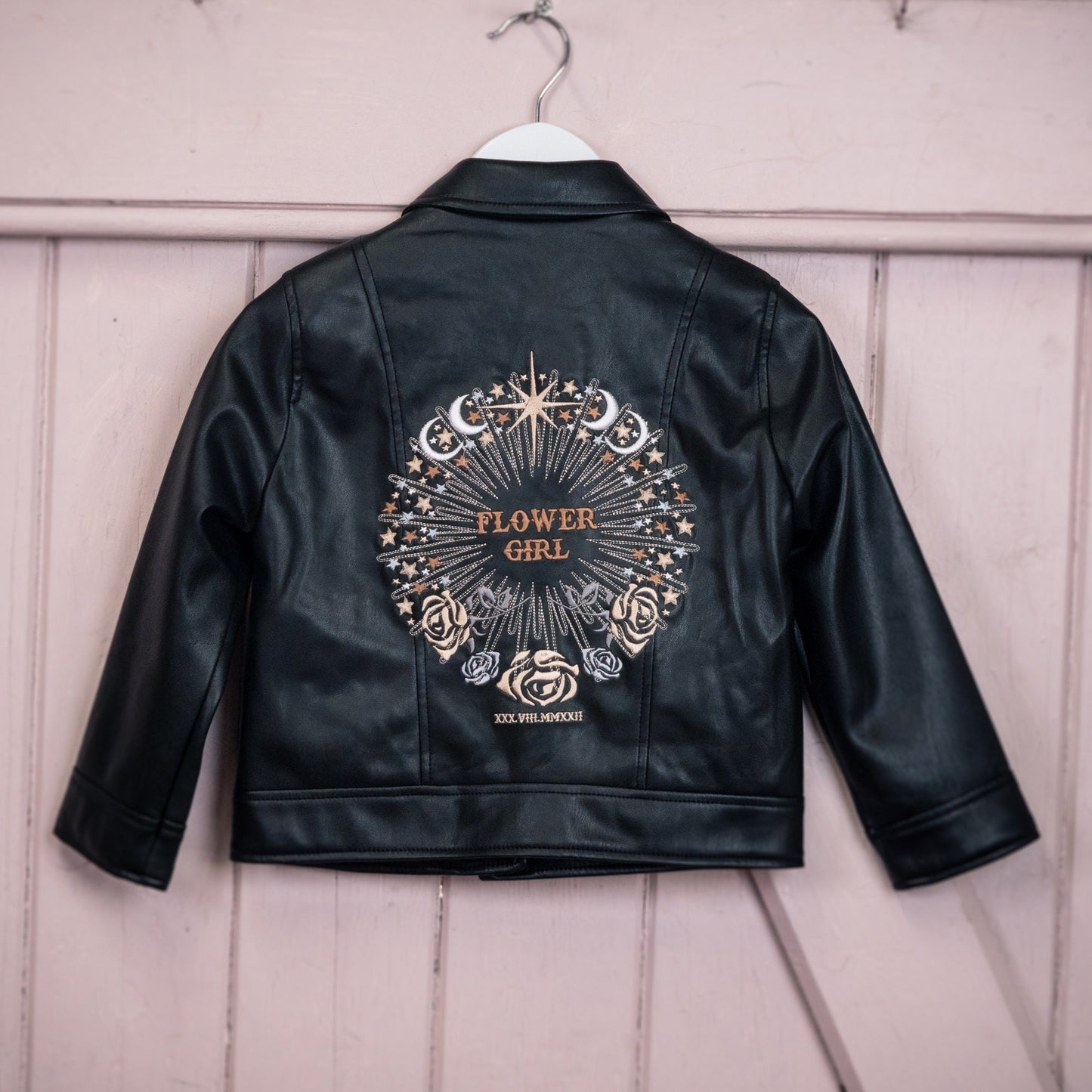 Flower Girl Jacket - Celestial Starry Night Black Boho Faux Leather Embroidered Biker Wedding Jacket