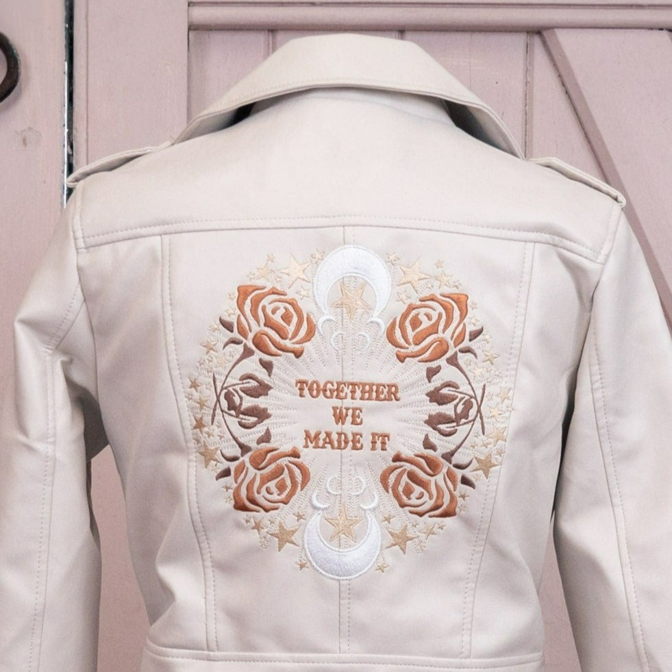 Together We Made It Bridal Cover Up: Commemorate your journey with this ecru embroidered jacket, a symbol of unity and love, perfect for adding sentimental elegance to your wedding ensemble