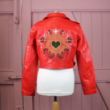 Load image into Gallery viewer, Celestial Love - Red Gold Love Heart Valentine Celestial Boho Faux Vegan Pleather Embroidered Biker Bridal Wedding Jacket
