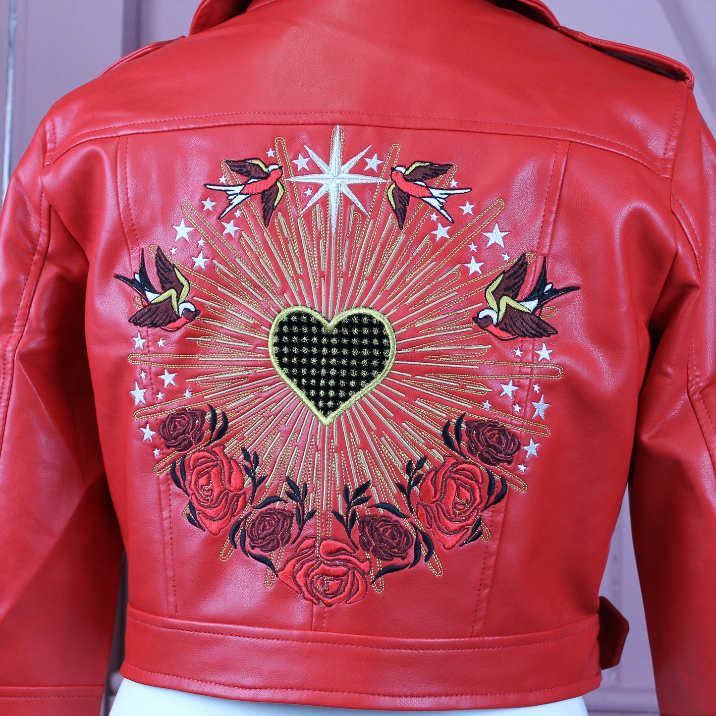 Celestial Love - Red Gold Love Heart Valentine Celestial Boho Faux Vegan Pleather Embroidered Biker Bridal Wedding Jacket