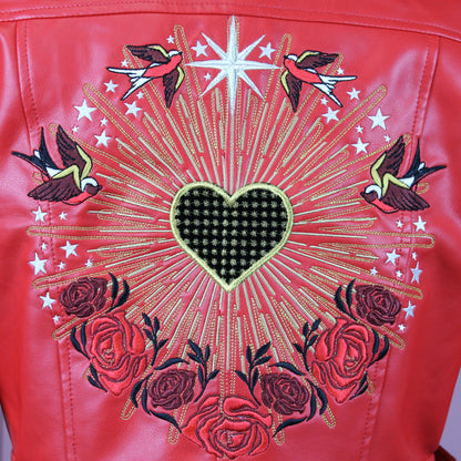 Celestial Love - Red Gold Love Heart Valentine Celestial Boho Faux Vegan Pleather Embroidered Biker Bridal Wedding Jacket