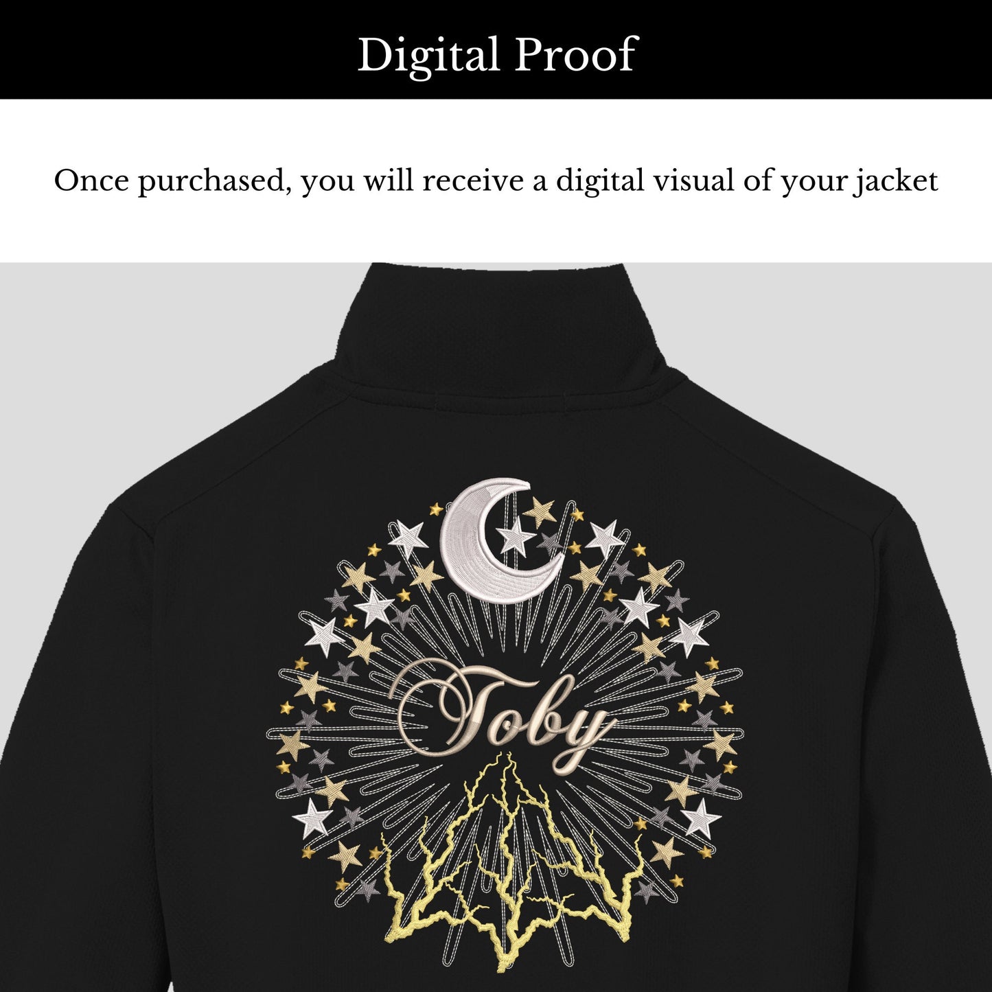 Custom Embroidered Boy's Name Faux Vegan Pleather Biker Jacket - Moon and Stars Celestial Design