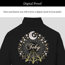 Load image into Gallery viewer, Custom Embroidered Boy&#39;s Name Faux Vegan Pleather Biker Jacket - Moon and Stars Celestial Design
