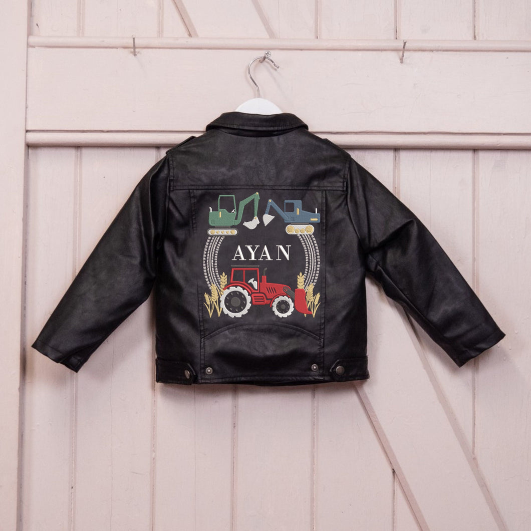 Custom Embroidered Boy's Name Leather Biker Jacket - Tractor, Truck, Vehicle Design
